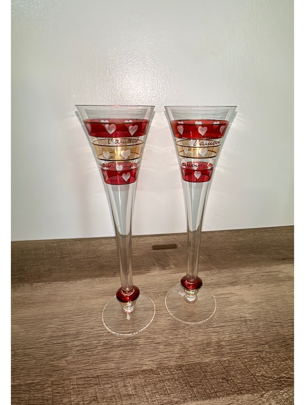 Vintage Pier 1 “L’Amour” trumpet champagne flutes — hand-painted etched hearts